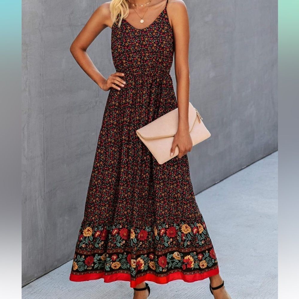 Angashion Floral Adjustable Spaghetti Strap smocked  V Neck Boho Maxi Dress  M